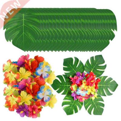 90Pcs Tropical Palm Leaves and Hibiscus Flowers, Artificial