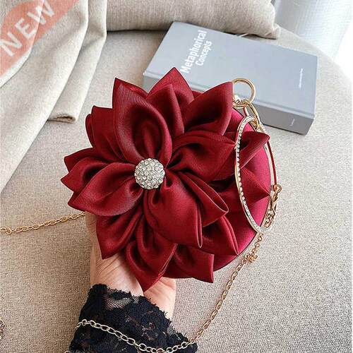 Red Flower Clutch Purse Women Round Evening Bag Crystal Di