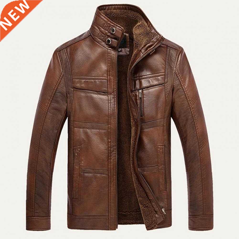 Men Jcket Long Sleeve Stnd Collr Fux Lether Fleece Line