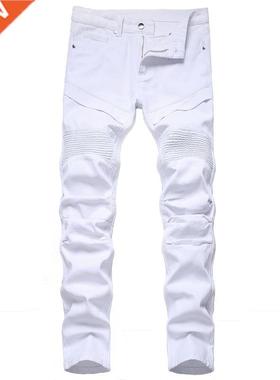 ndy Patchwork White Pleated Men's Slim Fit Biker Jeans Solid