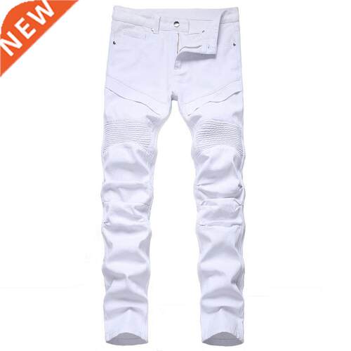 ndy Patchwork White Pleated Men's Slim Fit Biker Jeans Solid