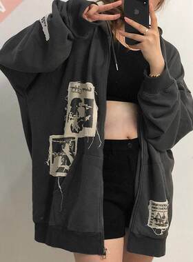 Emo Women Alt Punk Hoodie Zip Up Grunge Aesthetic Jacket Vin