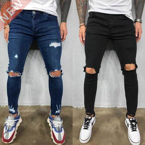 Men Jeans Black Blue Cool Skinny Knee Hole Ripped Stretch Sl