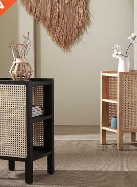 Solid Wood Rattan Bedside Table Japanese-style Side Cabinet
