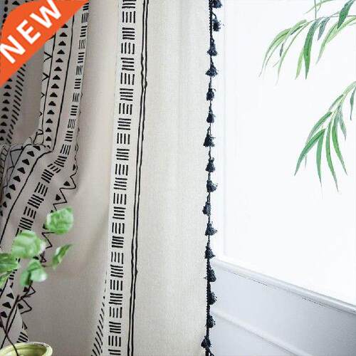 2PCS Boho Curtains Vintage Art Stripe Lattice Print Curtain