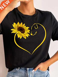 Women T Shirt Sunflower Heart Print T Shirt Women Fashion Bl