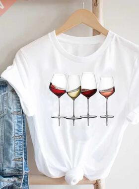 Women Printing Clothing Wine Lady Short Sleeve Casual 90s Ca