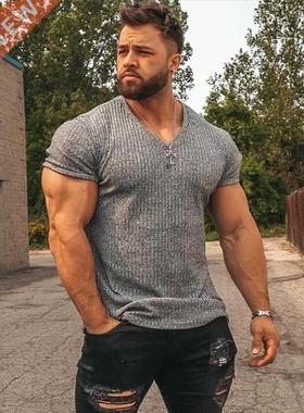 Men V Neck Short Sleeve T Shirt Fitness Slim Fit Sports Stri