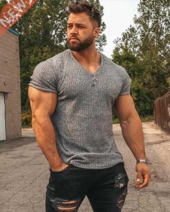 Men V Neck Short Sleeve T Shirt Fitness Slim Fit Sports Stri