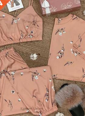 3 Pieces Soft Spring Summer Women Bra Pajamas Sets Cotton Fl