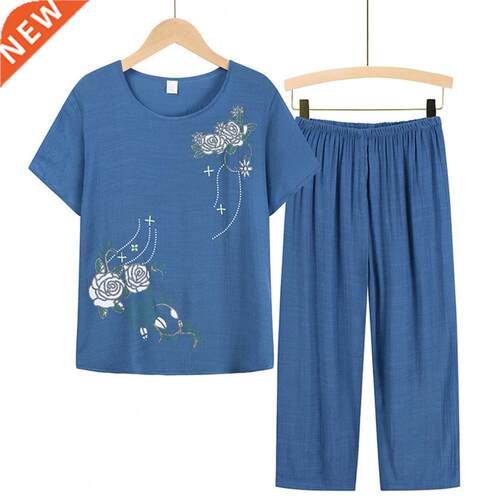 Summer Pant Two Pieces Set Women Short Sleeve Elegant Floral