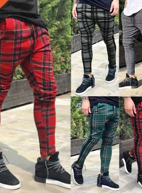 Men's Long Casual Sport Pants Slim Fit Plaid Print T