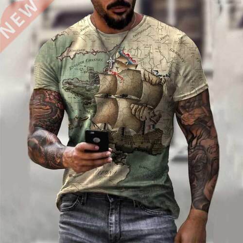 Summer new map nautical ship 3D printing round neck bottom s