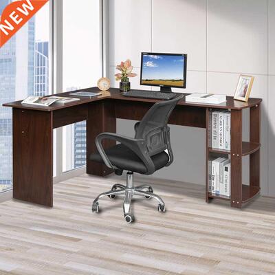L-Shaped Wood Right-angle Computer Desk with Two-layer Books