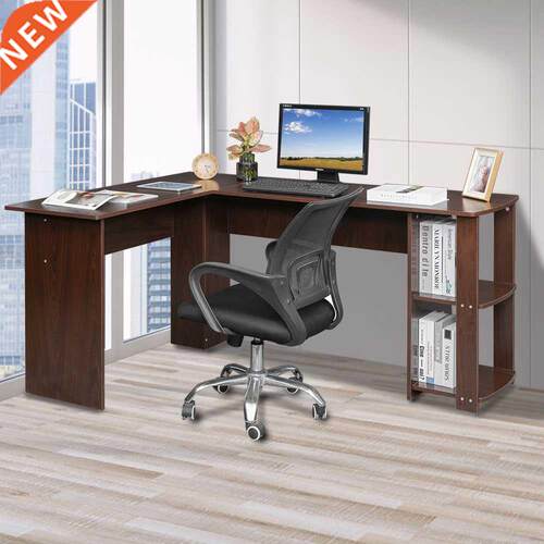 L-Shaped Wood Right-angle Computer Desk with Two-layer Books