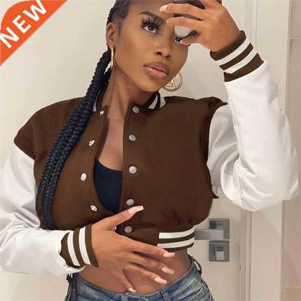 Baseball Jackets Women Patchwork Button Black Crop Top Coats