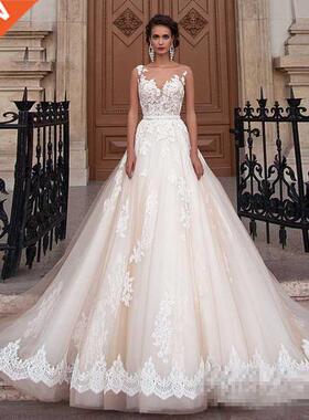Transparent Scoop Champagne Wedding Dresses with Detachable