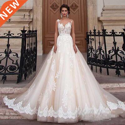 Transparent Scoop Champagne Wedding Dresses with Detachable