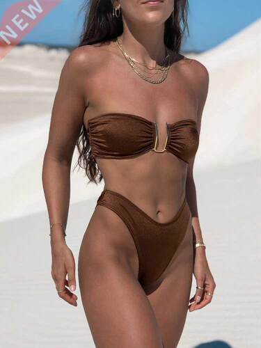 Solid Swimsuit Women Bathing Suit Bandeau Bikini 2022 Biqui