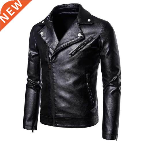 Men's leather jacket/motorcycle lapel oblique zipper Male au