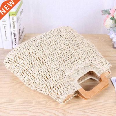 Vintage Straw Woven Bag Wooden Handle Large Capacity Totes W