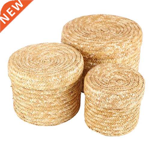 3 Pcs/Set Handmade Straw Woven Storage Basket With Lid Snack