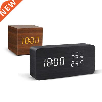 Alarm Clock LED Wooden Watch Table Voice Control Digital Woo