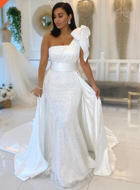 One Shoulder White Mermaid Wedding Dresses With Bow Satin An