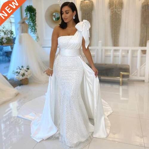 One Shoulder White Mermaid Wedding Dresses With Bow Satin An