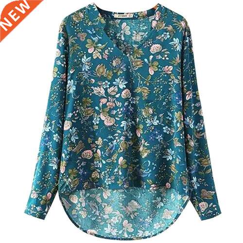 Chiffon Women's Blouse Vintage Style Flower Print V Neck