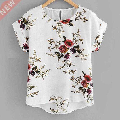Summer Fashion Floral Print Blouse Pullover Ladies O-Neck Te