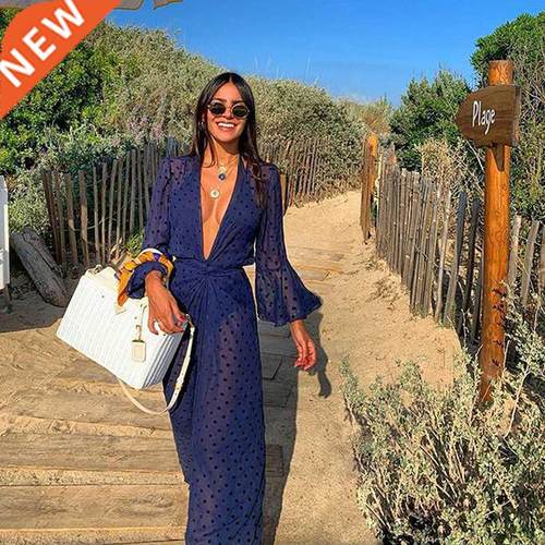 2021 Summer Dot print White Beach Cover up dress Tunic Long