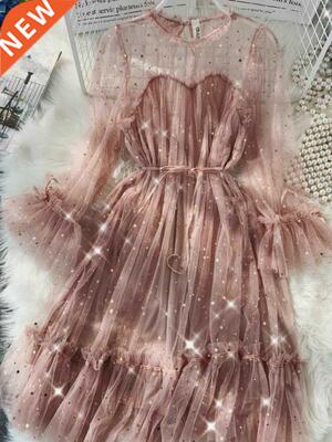 2022 New Female O-neck Stars Sequined Mesh Shiny Fairy Dress