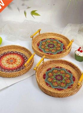 With Wooden Handle Round Wicker Basket Bread Food Plate