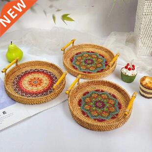With Wooden Handle Round Wicker Basket Bread Food Plate