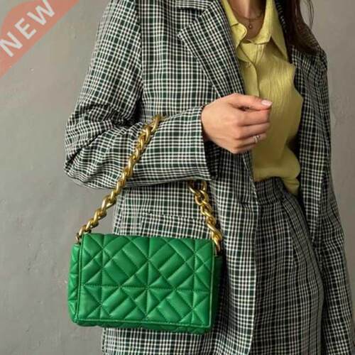 Soft Pu Leather Chain Quilted Shoulder Bag Green Casual Wome