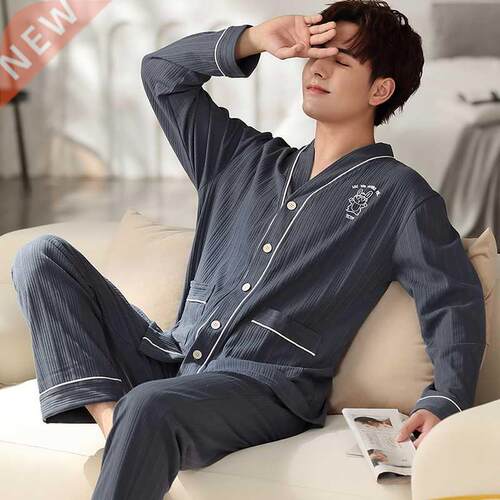 100% Cotton Gauze Male Pajamas Light Crepe Long Sleeve Trous