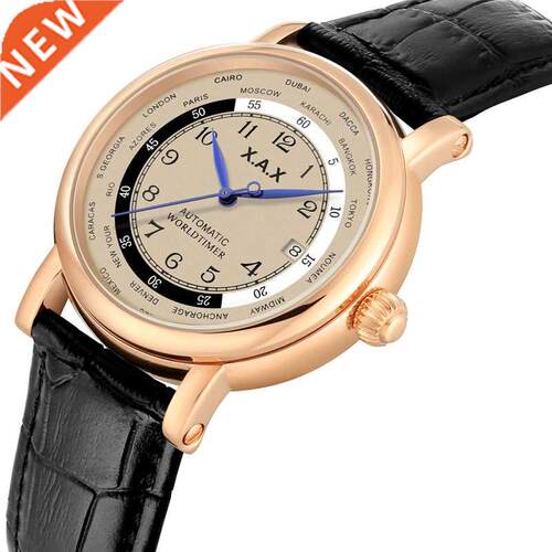 Mechanical Watch Men Automatic Classic Rose Gold Leather Mec