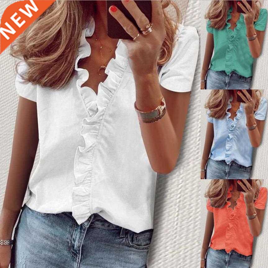 Women Plin Ruffle Blouse 2021 Summer Solid Color Short Slee