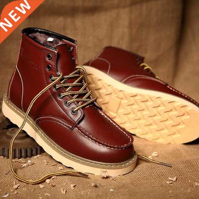 Red Retro Leather Boots Men Fur Warm Winter Boots Comfort Br