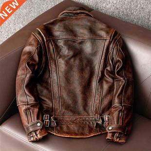Men Genuine Leather Jacket Vintage Brown 100% Cowhide Coat M