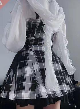 Kawaii Plaid Pleated Lolita Mini Dress Women Punk Emo Haraju