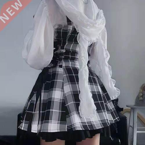 Kawaii Plaid Pleated Lolita Mini Dress Women Punk Emo Haraju