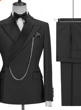 2021 Custom Made Black Groom Tuxedo Peaked Lapel Double Brea