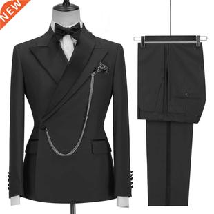 2021 Custom Made Black Groom Tuxedo Peaked Lapel Double Brea