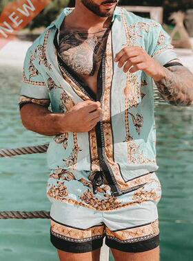 Hawaiian Set Mens Printing Set Short Sleeve Summer Casual Fl