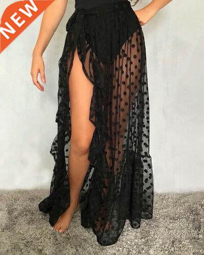 2022 New Hot Summer Women's Mesh Sheer Polka Dot Long Split