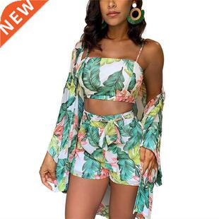 Summer New Women Boho Pcs Floral Print Cardigan Blouse+Crop