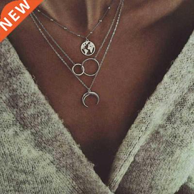 New Fashion Retro Moon World Map Circle Pendant Multilayer G