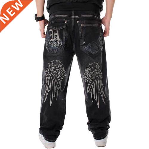 Men Street Dance Hiphop Jeans Fashion Embroidery Black Loose